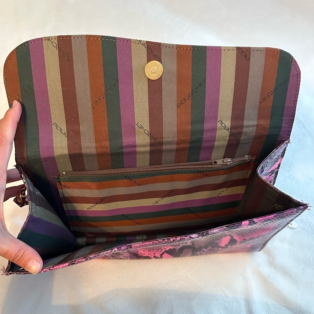 Vintage Pourchet Paris Pink Faux Snakeskin Large Clutch Purse Stripe Bow RARE - Picture 12 of 12